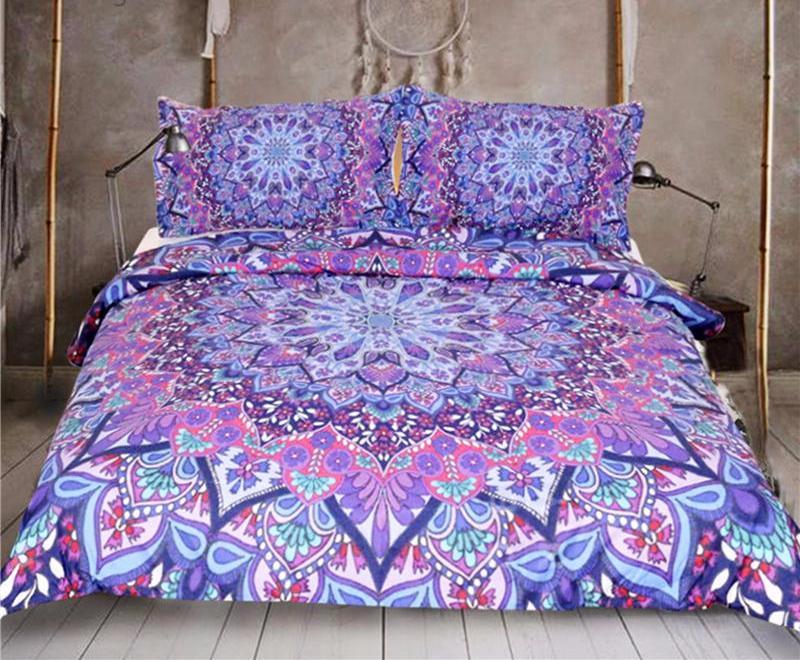 BeddingOutlet Mandala Queen Bed Sheets One Piece Purple Blue Flat